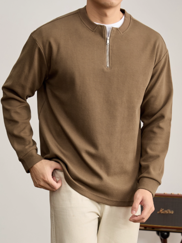 簡約百搭半拉鍊立領白T恤衫男士立體編織肌理感長袖針織衛衣