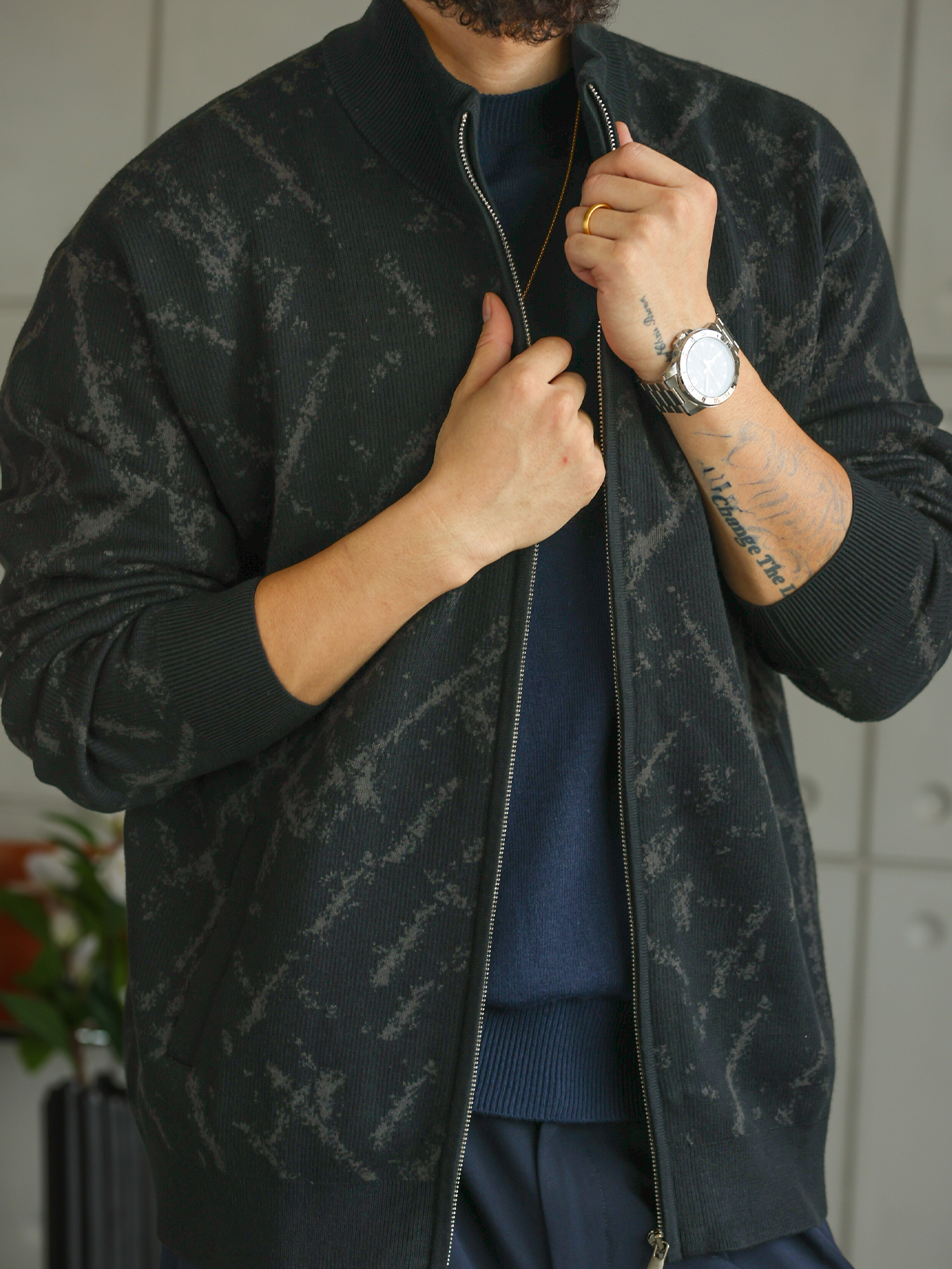 【智感鬆弛】精緻格調花紋針織開衫男士拉鍊外套立領毛衣