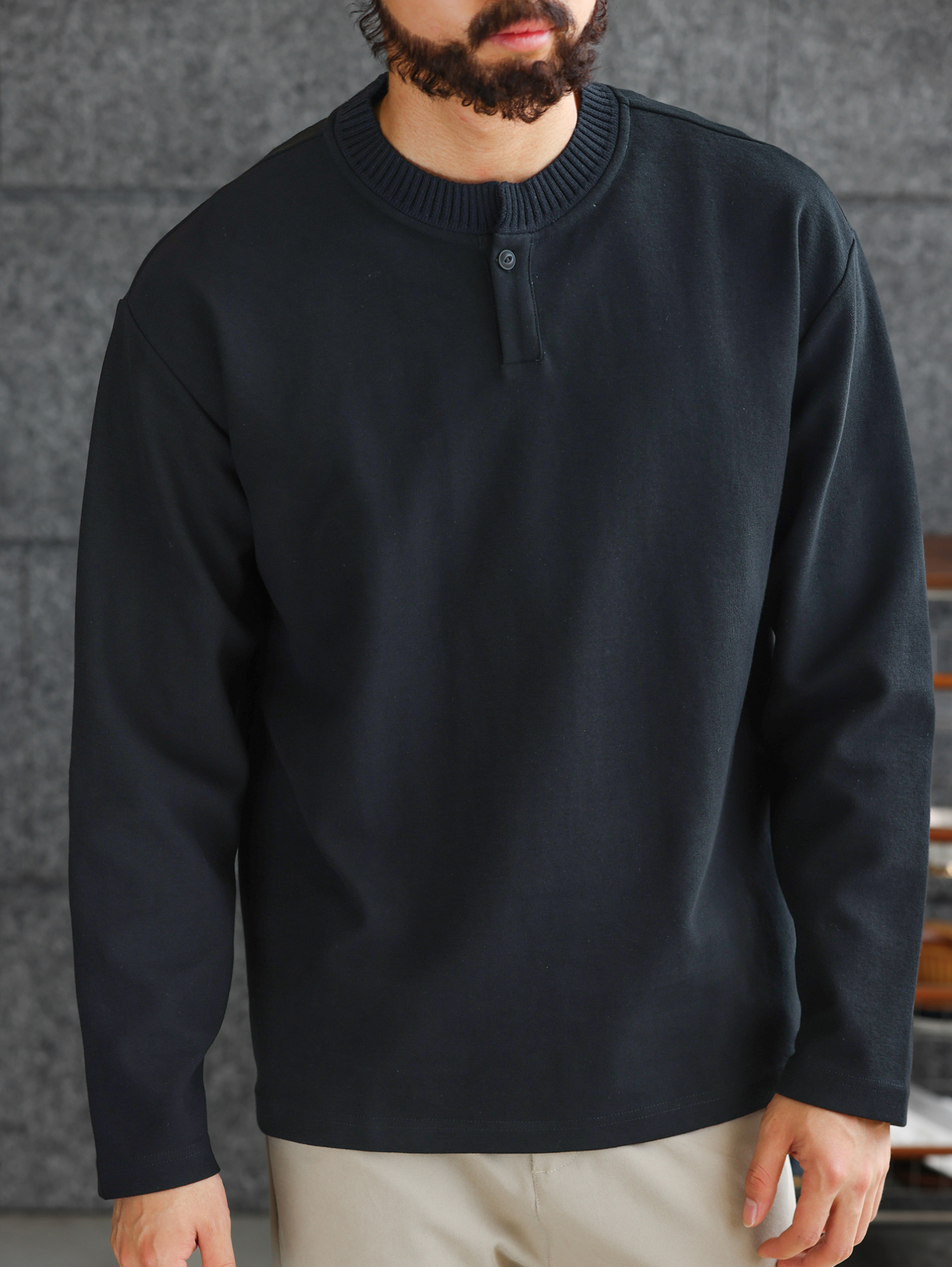 【紳士型格】針織亨利領緞紋肌理長袖T恤男士休閒打底衫