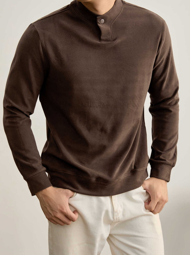 莫蘭迪色系冬季保暖德絨打底衫衛衣復古風一粒扣中領上衣男