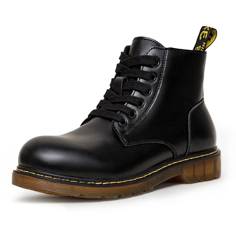 (軟皮)馬丁靴男中幫加絨雪地靴子黑色高幫棉鞋休閒軟皮工裝