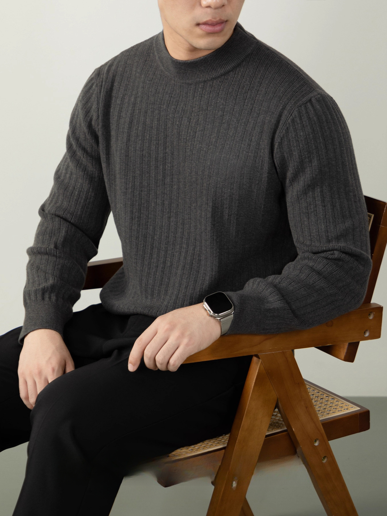 【綿羊毛•莫代爾】保暖豎紋針織衫半高領男士加厚抗球毛衣