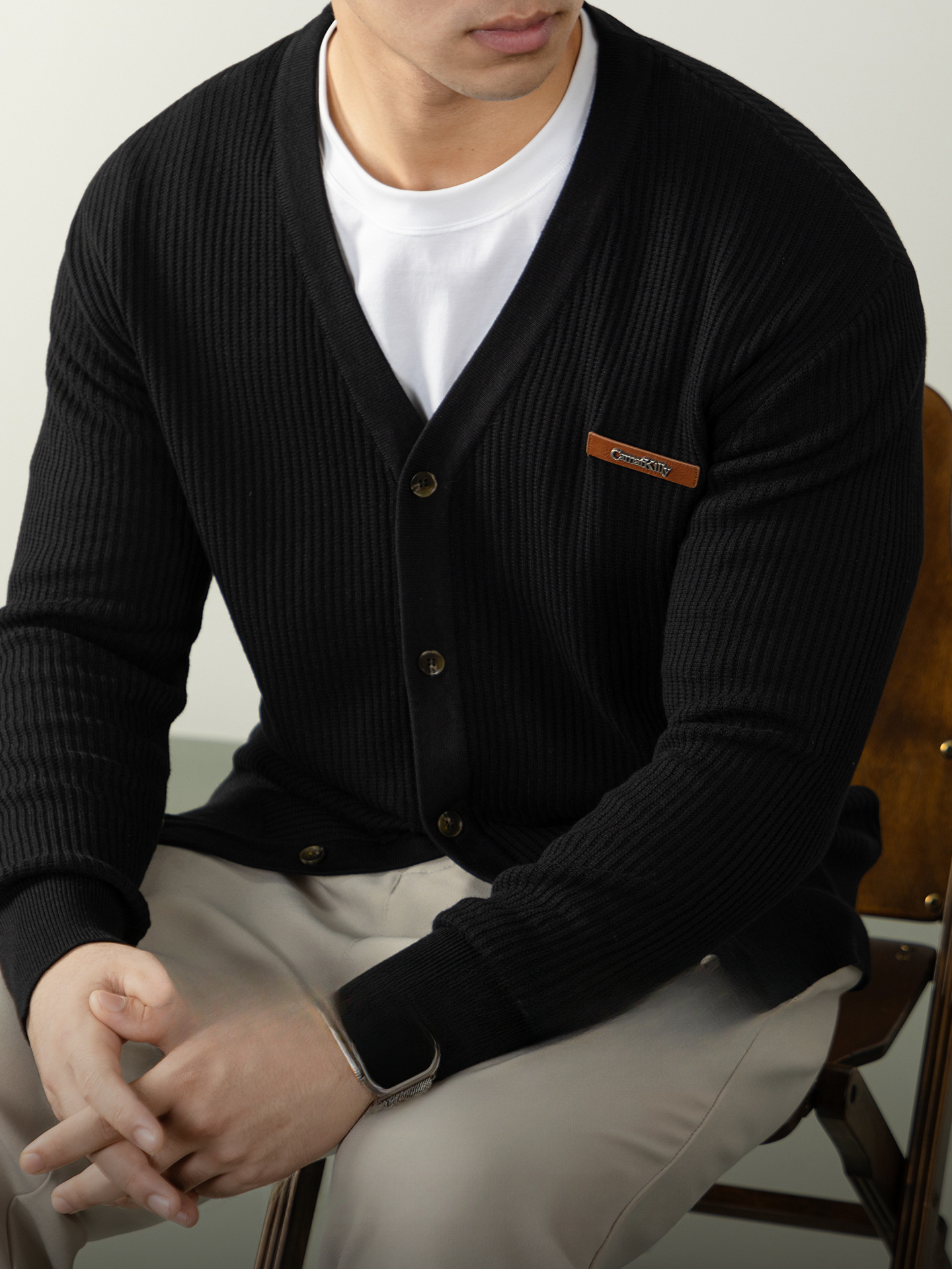 復古植鞣皮標針織衫12針精紡豎紋男士開衫毛衣秋冬通勤高級不撞款