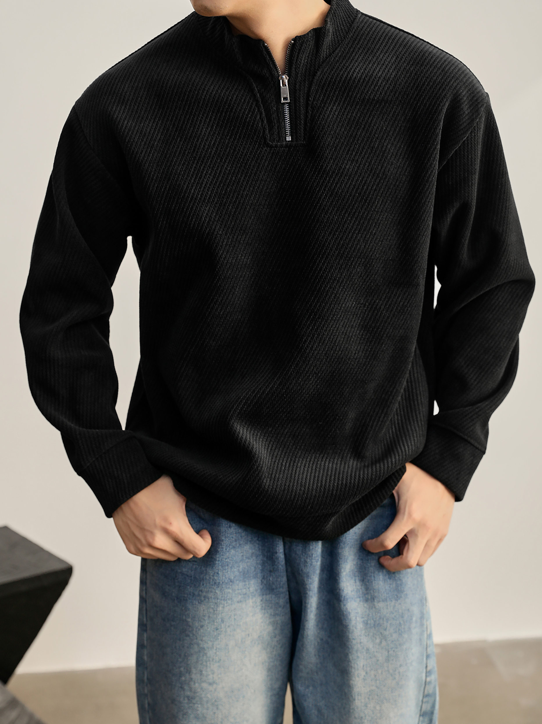 重磅550g斜紋美式半拉鍊衛衣男秋冬慵懶風純色立領長袖上衣