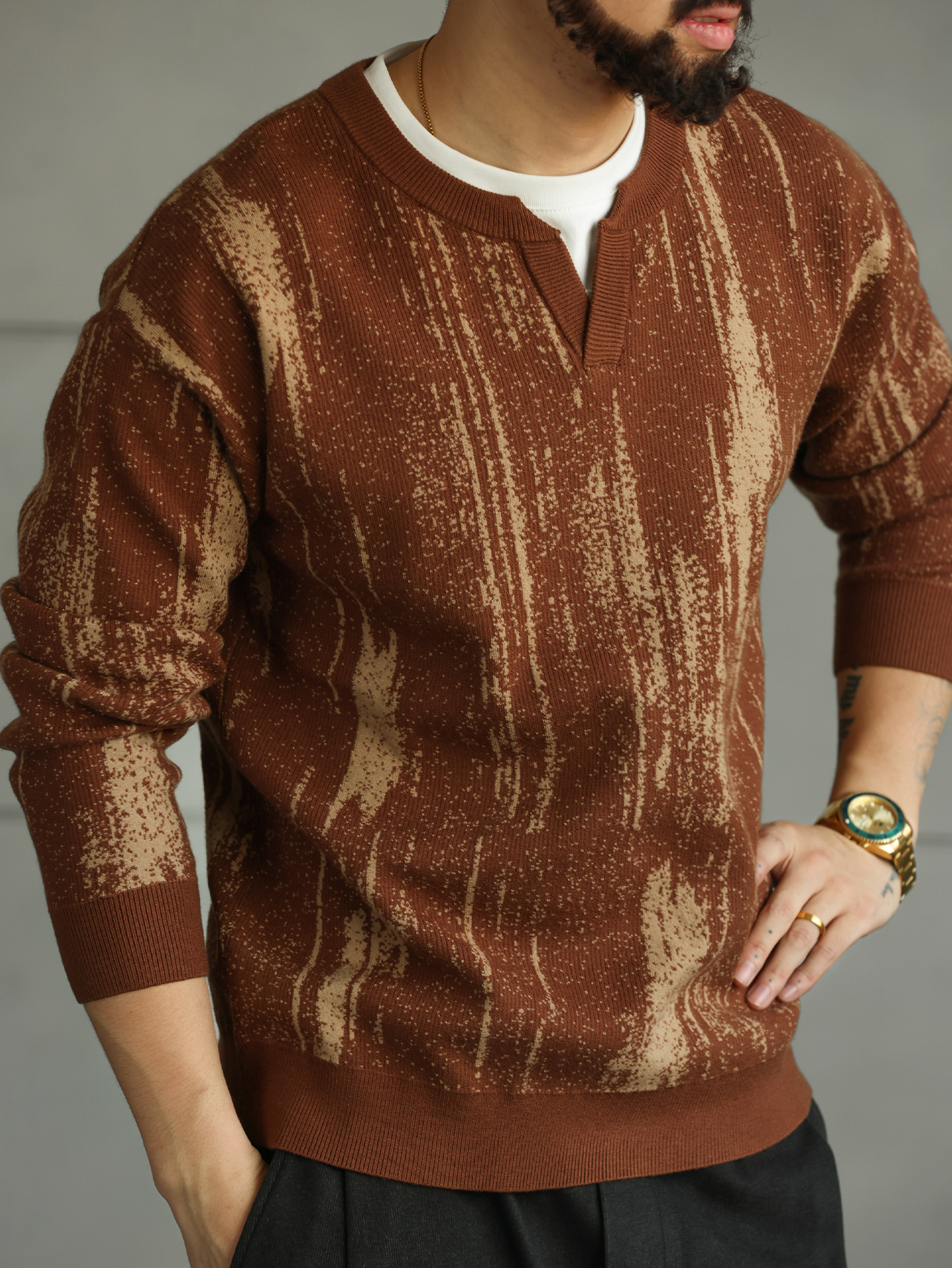 【紳士型格】冬季新款復古毛衣男士假兩件圓領套頭針織衫