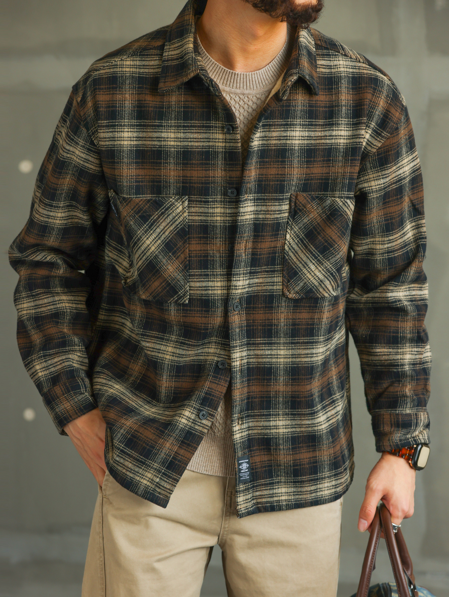 【城際暖域】秋冬純棉格子加絨加厚襯衫男士修身保暖襯衣