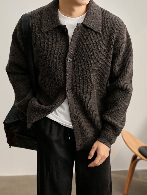 慵懒风坑条肌理感翻领针织开衫毛衣男秋冬简约cleanfit外套