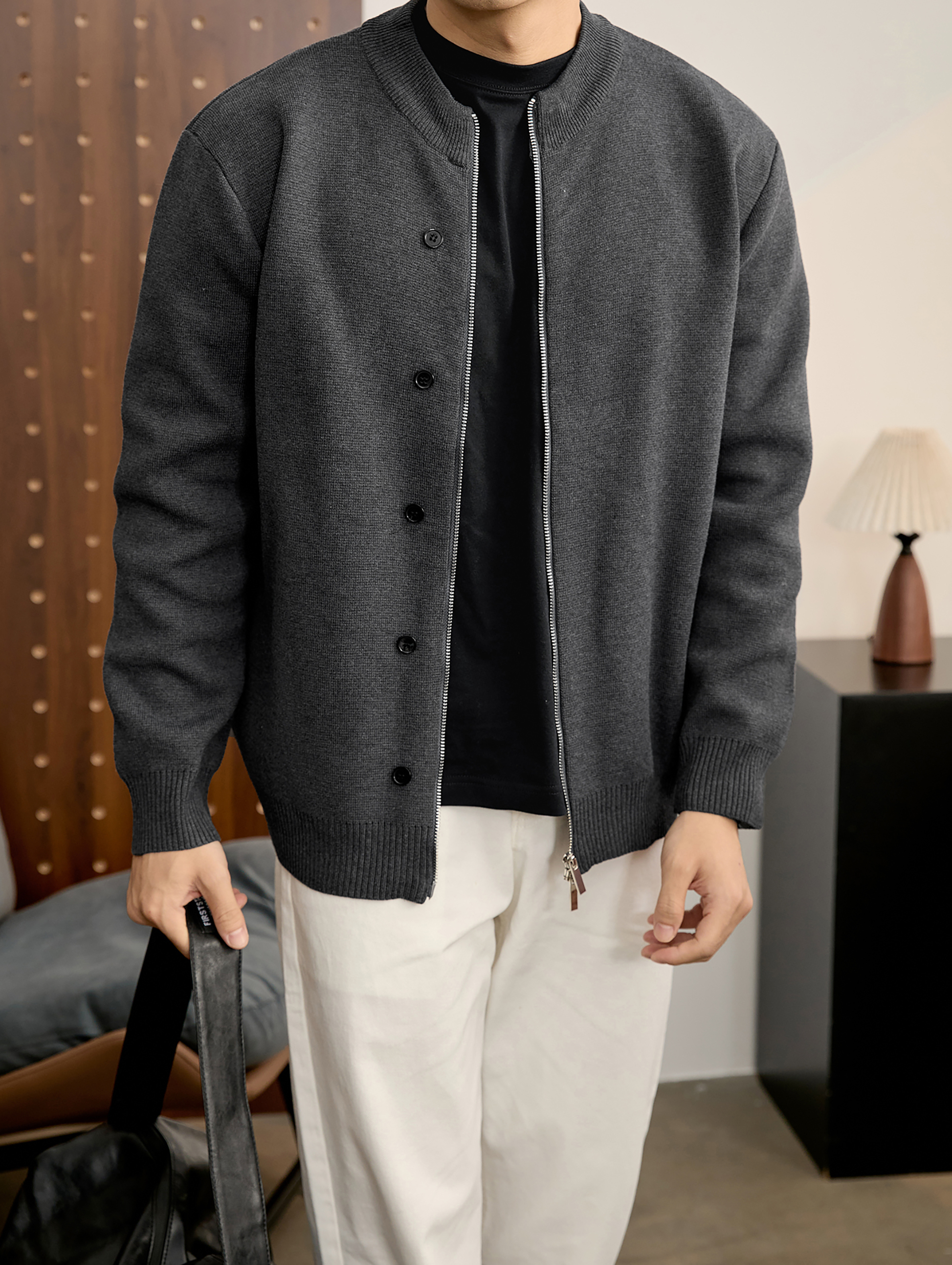 輕熟奢華立領針織外套紐扣裝飾簡約紳士男士雙拉鍊開衫毛衣