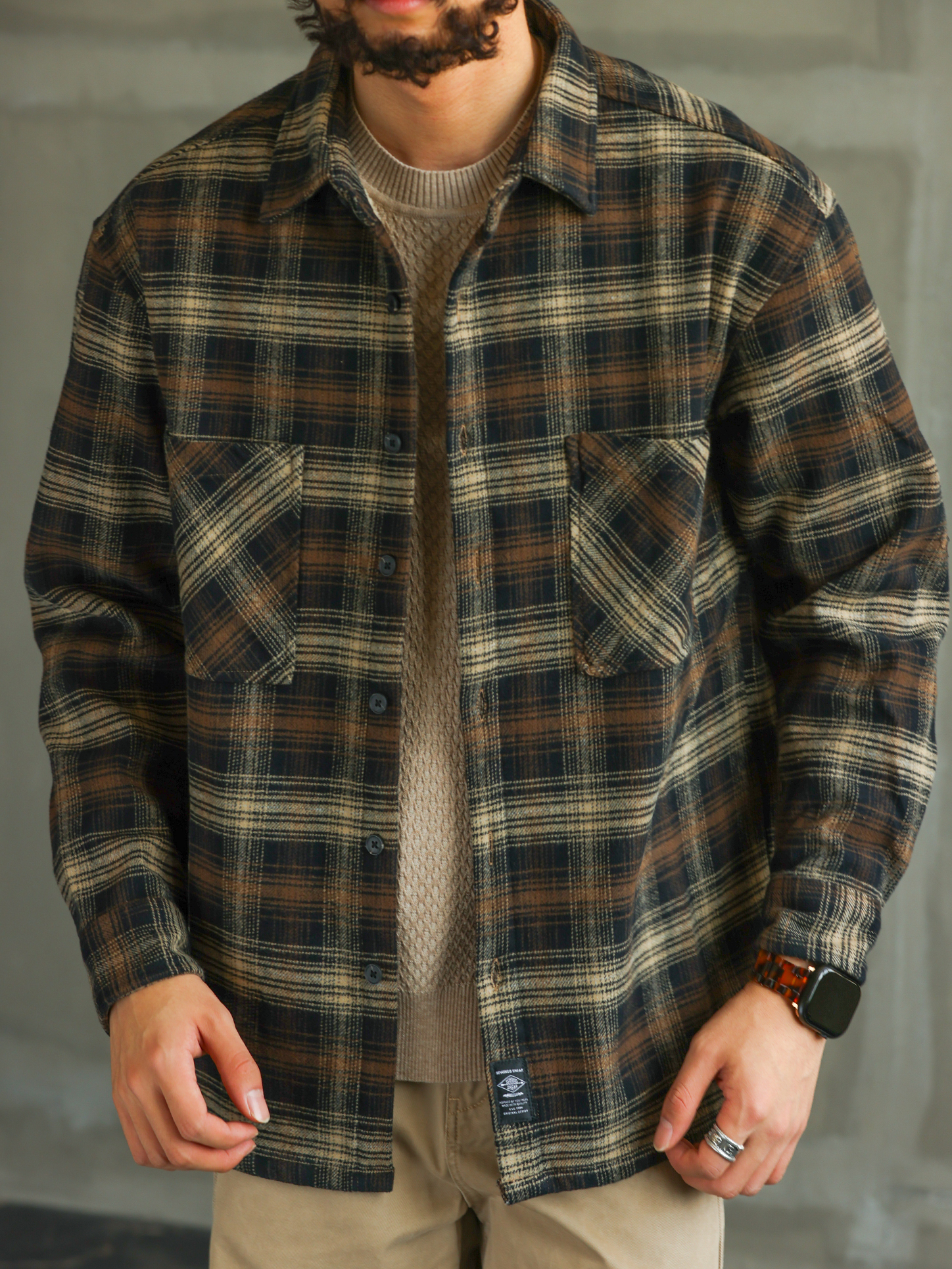 【城際暖域】秋冬純棉格子加絨加厚襯衫男士修身保暖襯衣