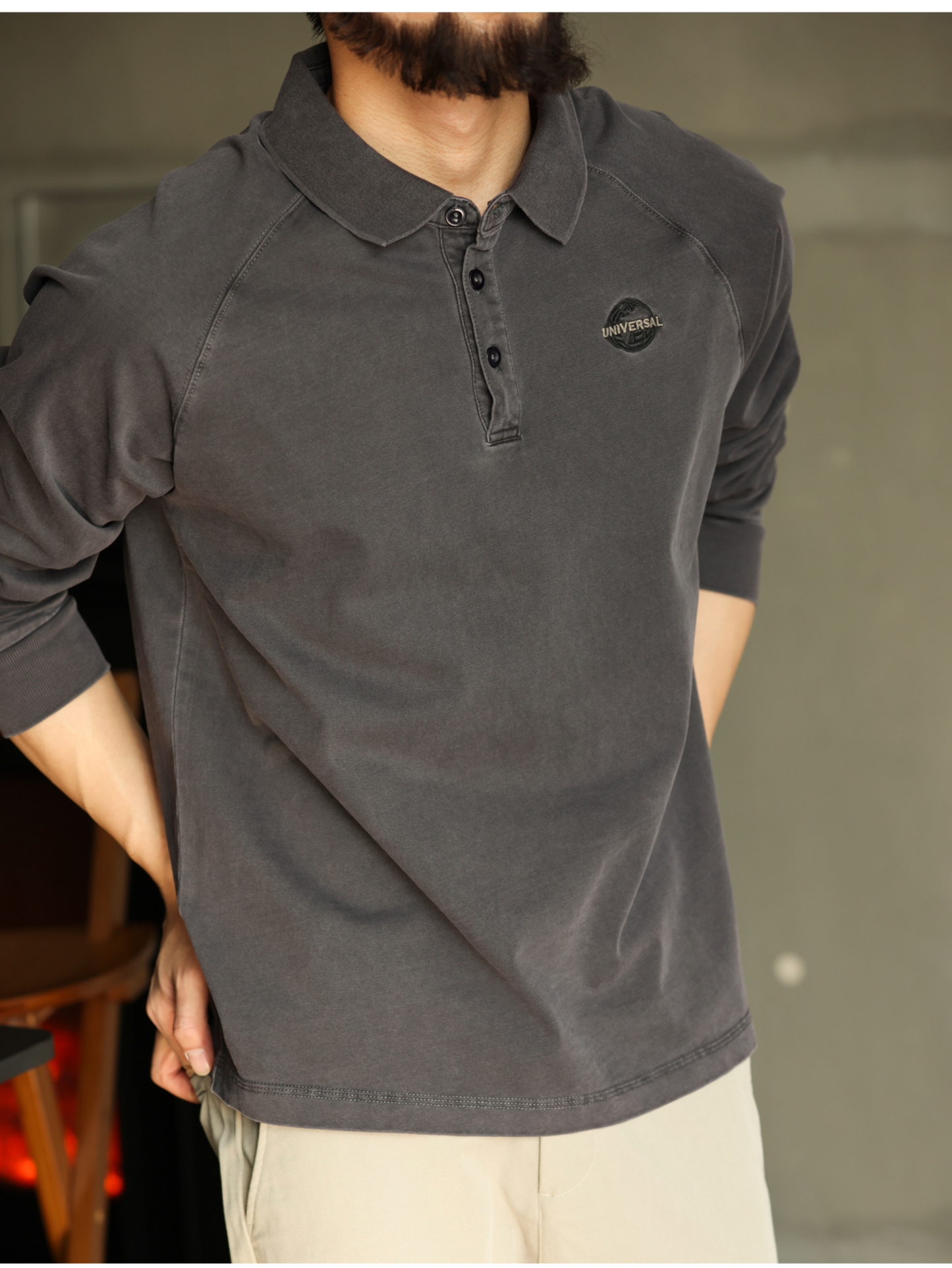 美式復古重磅250g洗水做舊長袖t恤男寬鬆插肩針織polo衫刺繡新款