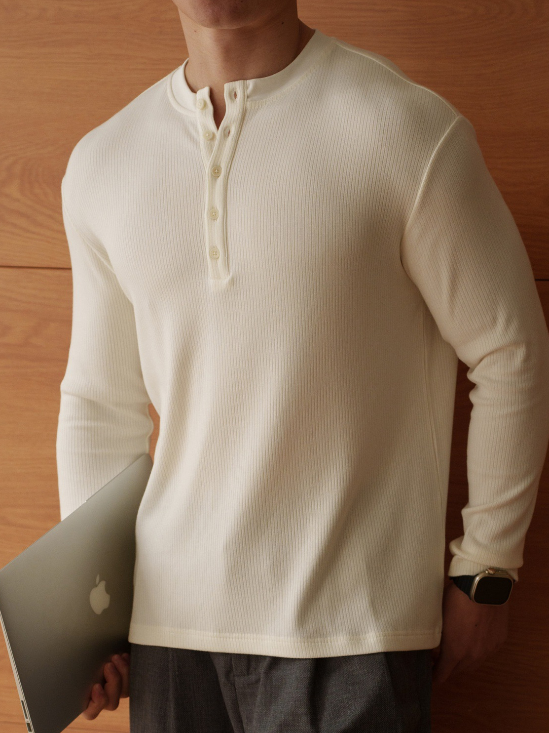 格雷系半開襟亨利領豎坑條針織T恤男士春季通勤休閒長袖上衣