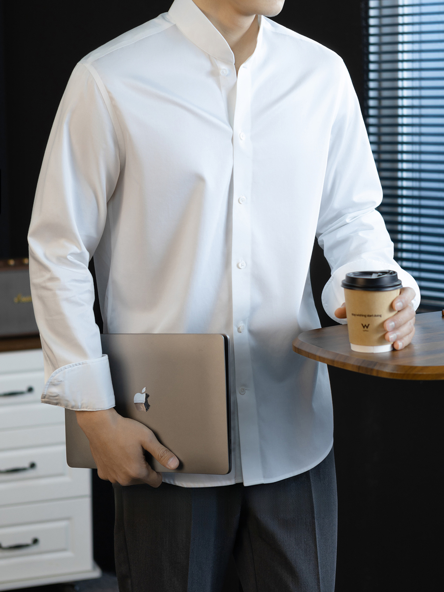 【新中式100%純棉】舒適長袖襯衫男商務休閒範免燙抗皺立領襯衣