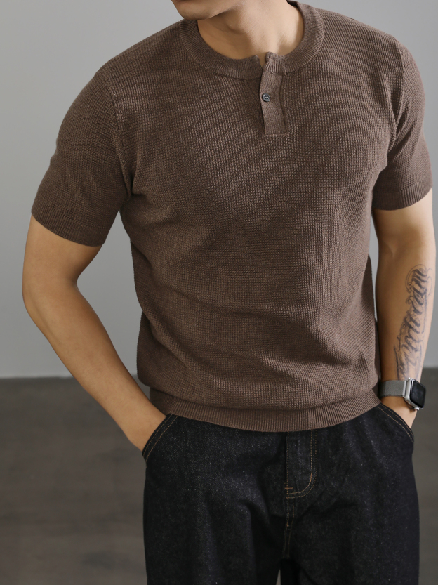 亨利領收袖短袖T恤針織衫男高級感針織肌理運動休閒體恤上衣