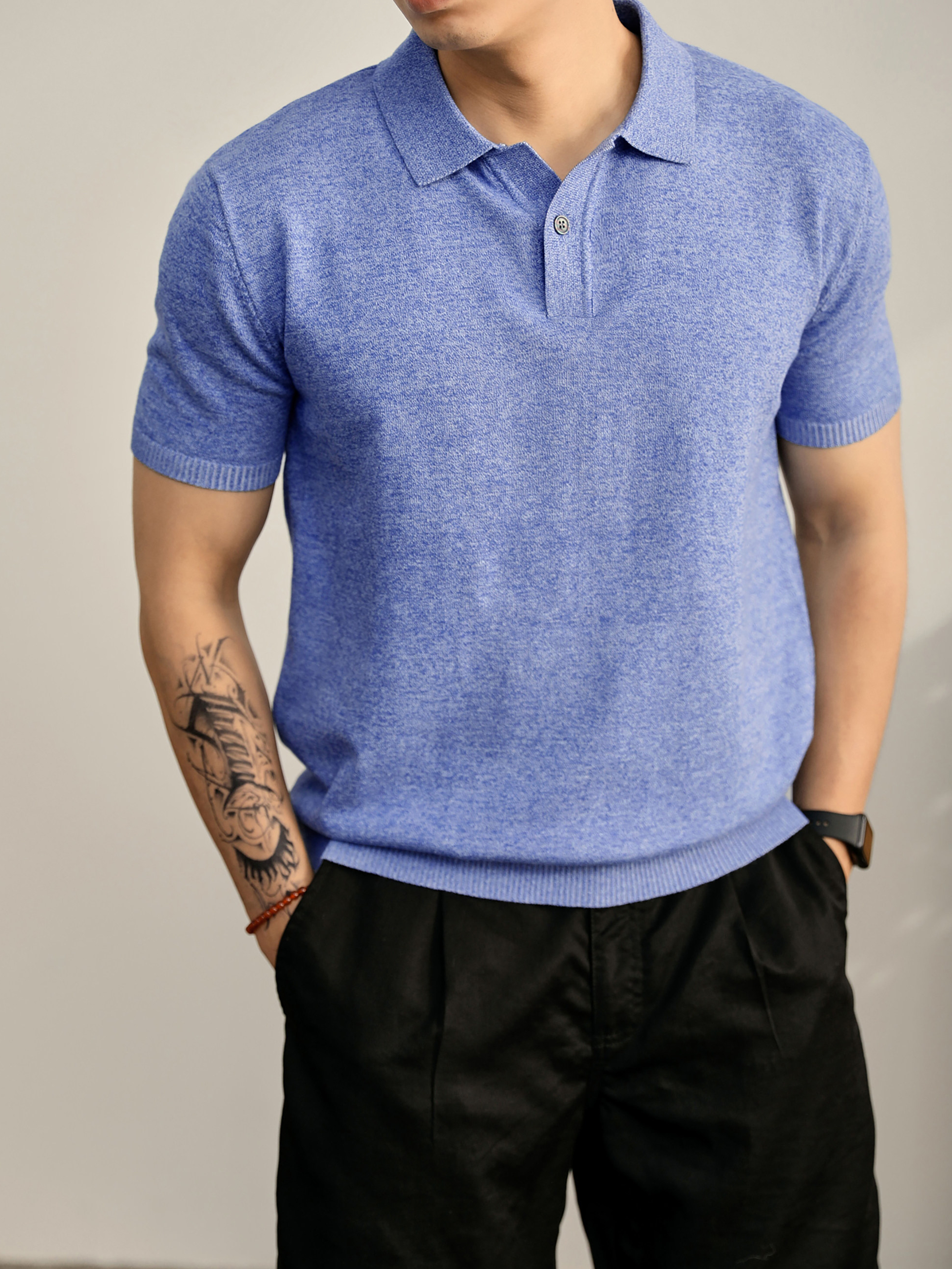男夏季花天藍單紐扣設計翻領POLO衫輕奢休閒水洗棉針織短袖