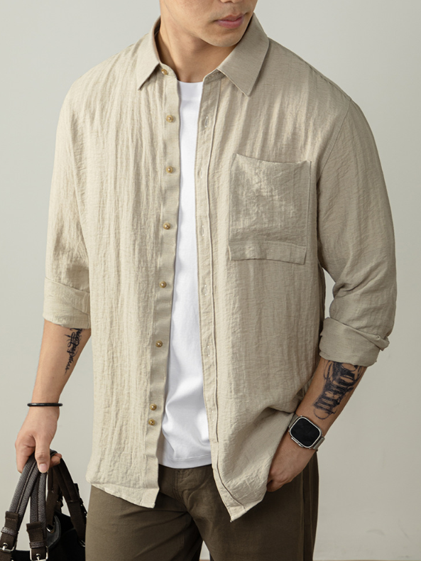 【慵懶高級感】亞麻天然褶皺襯衫男親膚透氣抑菌秋冬開衫隨性易搭