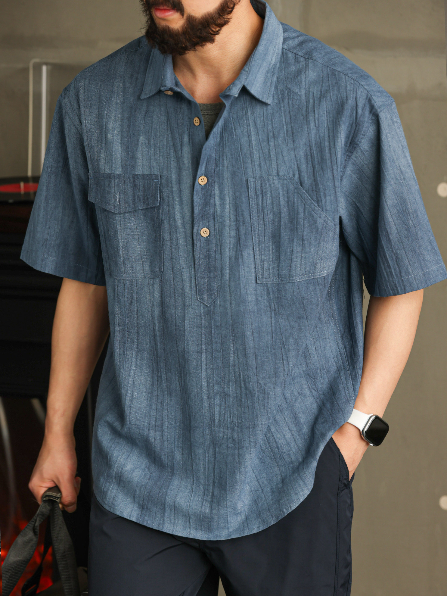都市輕奢復古棉麻肌理感短袖襯衫男士夏季休閒寬鬆襯衫