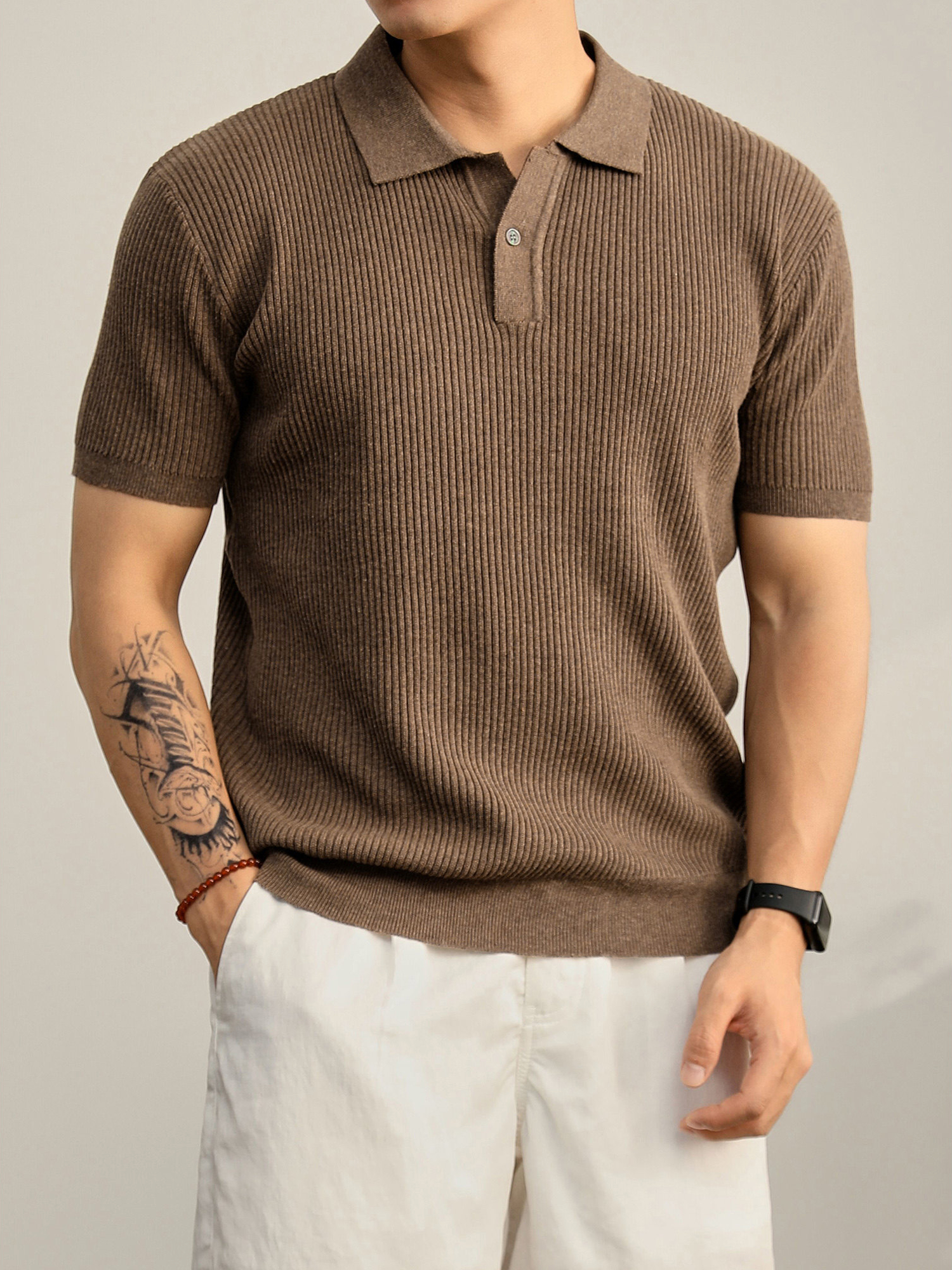 老錢輕熟風夏季涼感坑條肌理感針織POLO衫男士半拉鍊翻領T恤