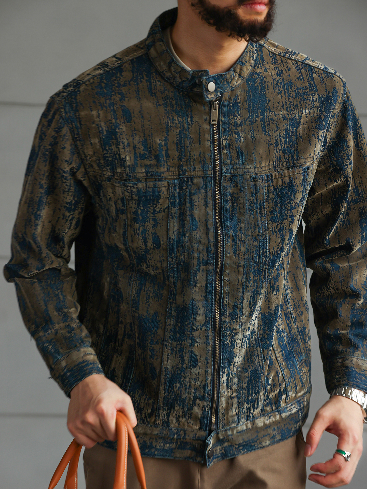 【南法時光】藝術植絨牛仔夾克男秋冬季斑駁做舊休閒外套