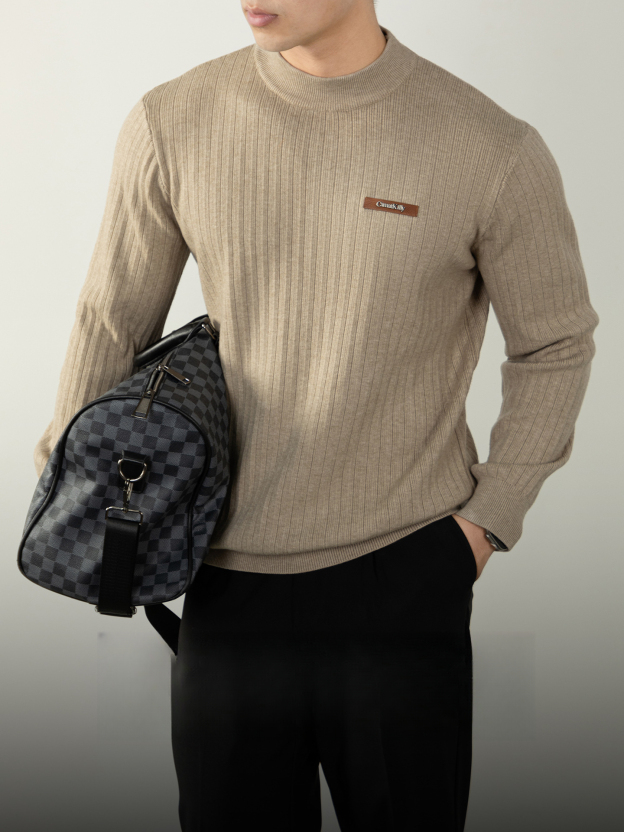 萊賽爾羊毛提花針織半高領軟暖質感豎紋肌理都市輕熟男裝秋冬款