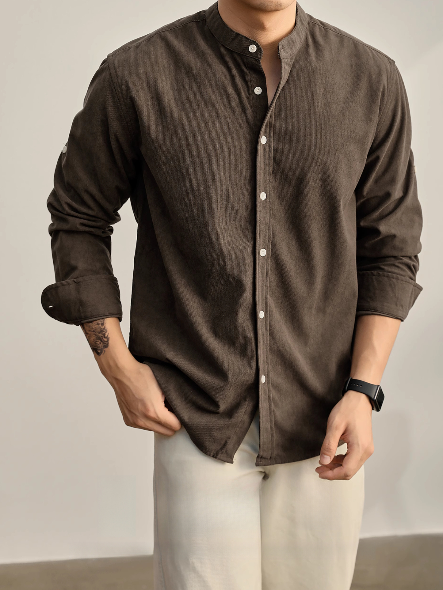 老錢風質感燈芯絨新中式立領休閒襯衫男潮流捲袖單穿小襯衣