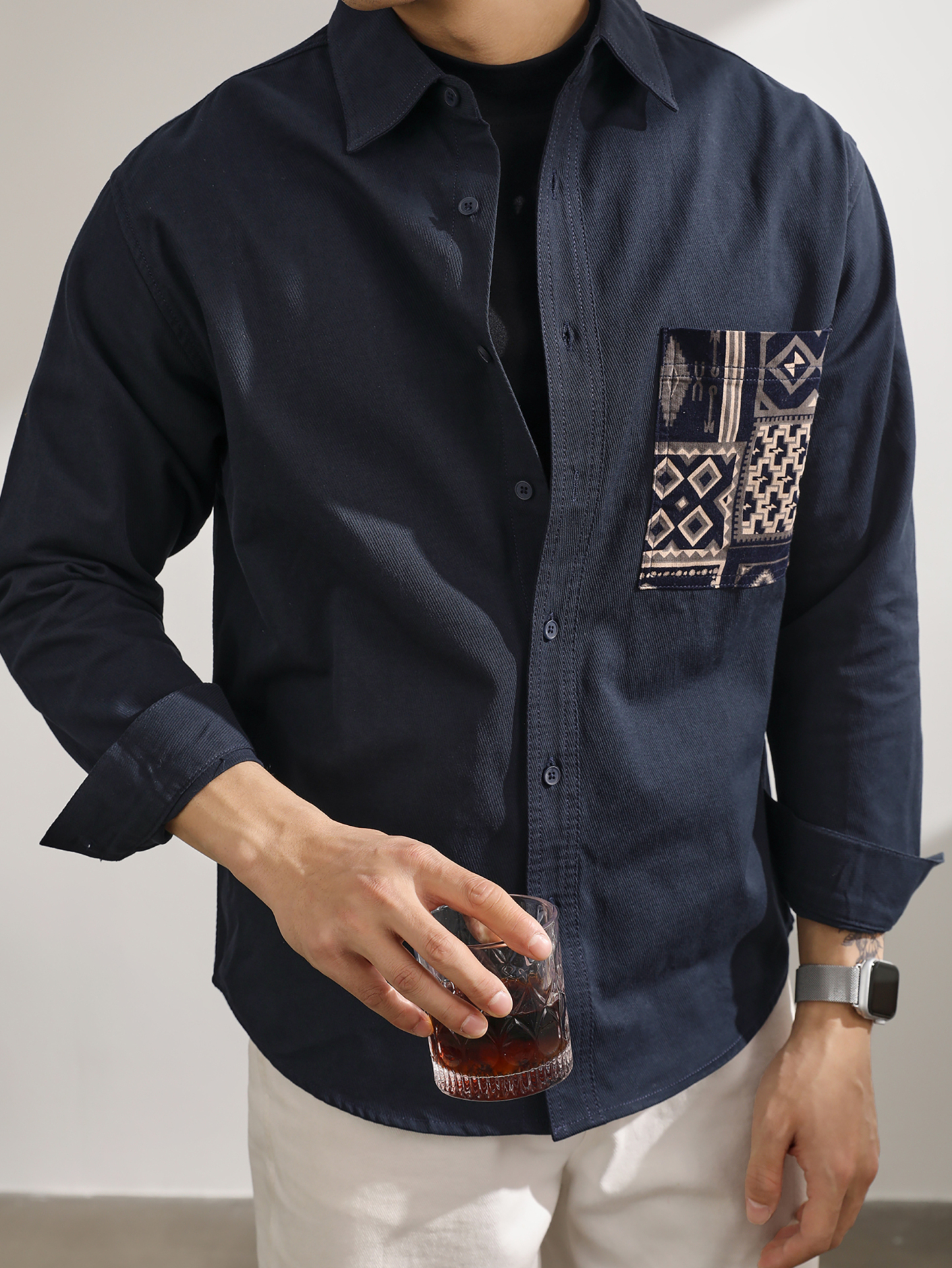 純棉斜紋拼接民族風口袋長袖襯衫男潮流痞帥小襯衣外套