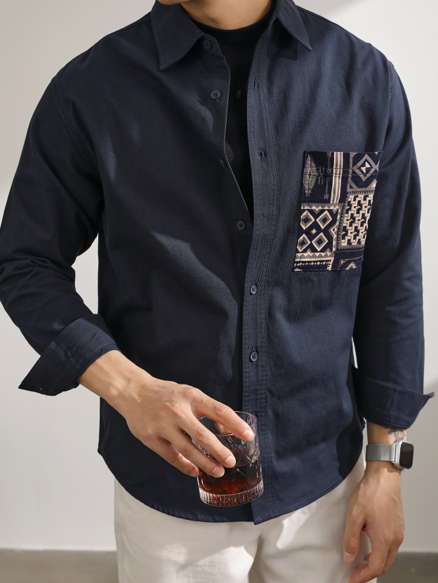 純棉斜紋拼接民族風口袋長袖襯衫男潮流痞帥小襯衣外套