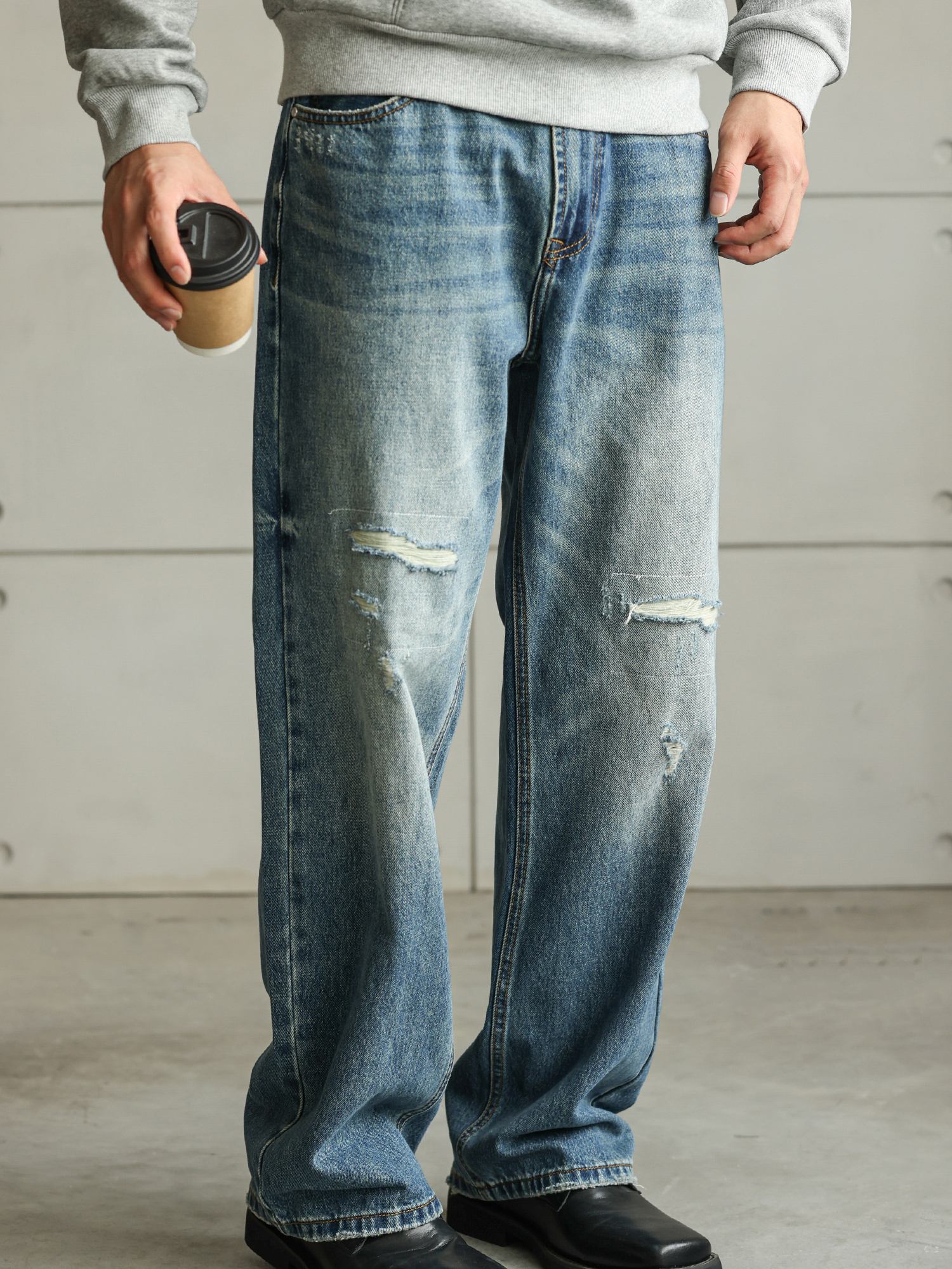 【不羈態度】12.39OZ做舊破洞補丁水洗藍牛仔褲男士長褲
