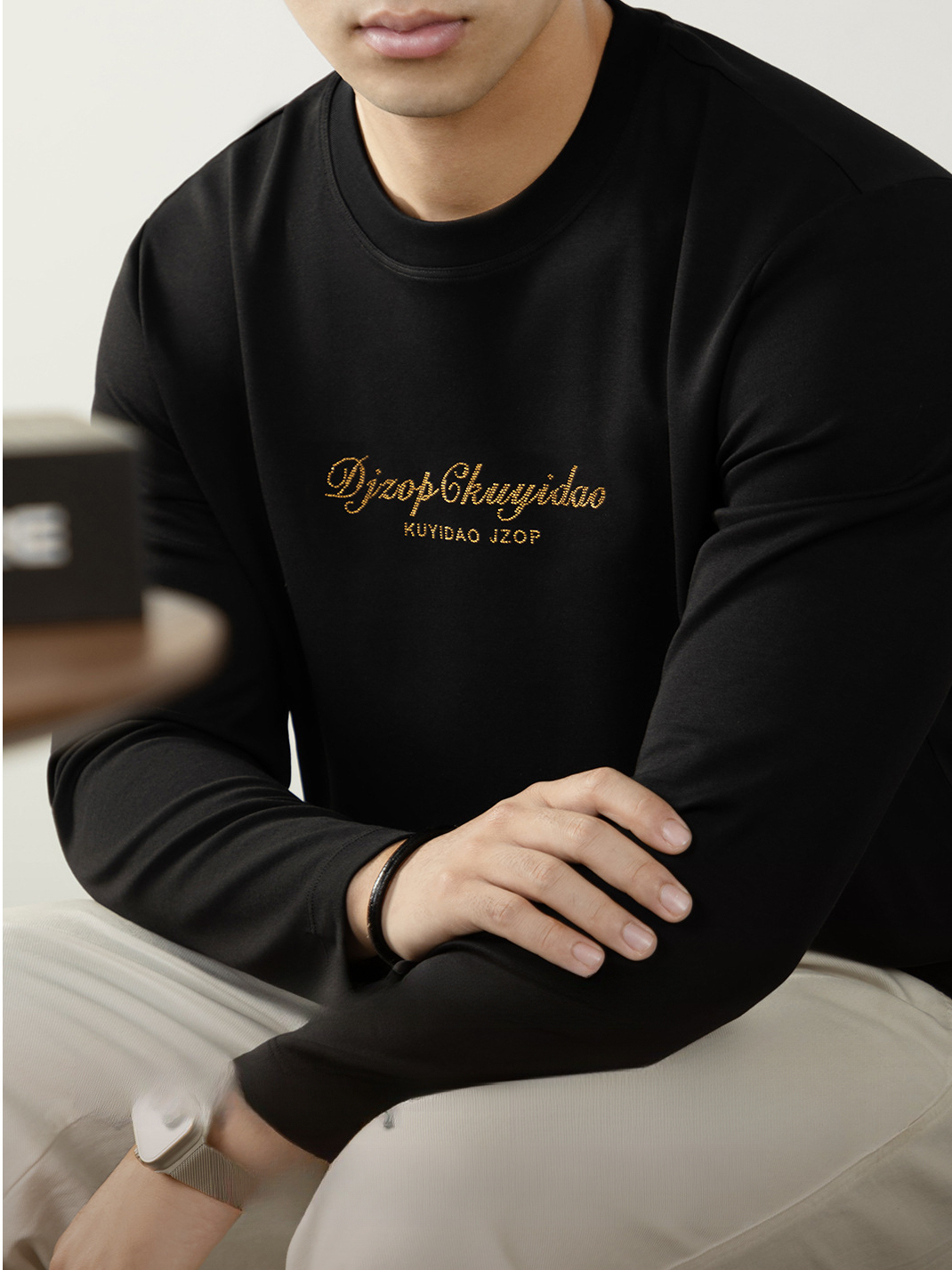 【都市輕奢風】60S雲感莫代爾棉長袖T恤男士高端鎏金燙鑽打底體恤