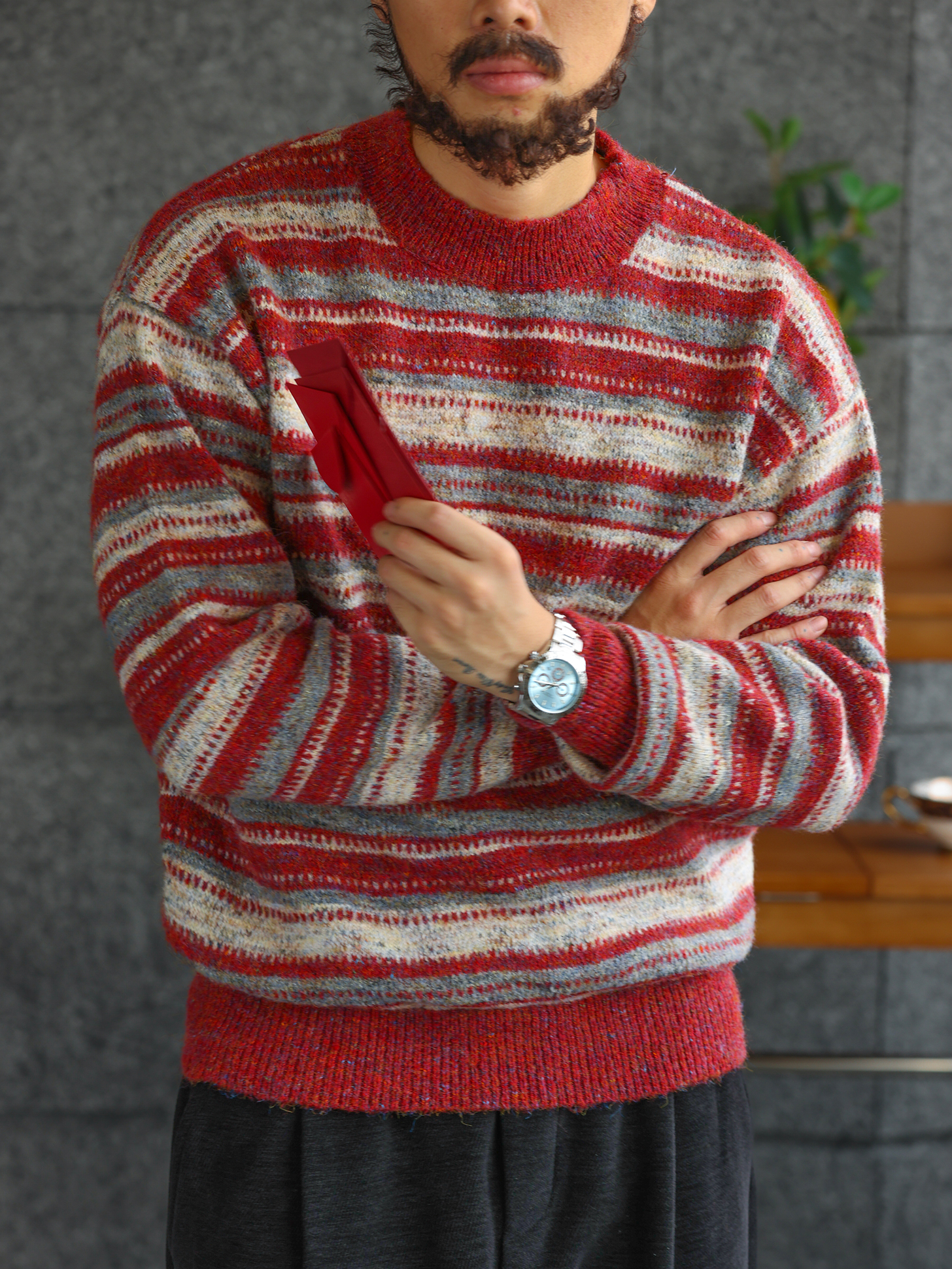 【冬牧場】質感條紋圓領毛衣男士秋冬慵懶休閒打底針織衫