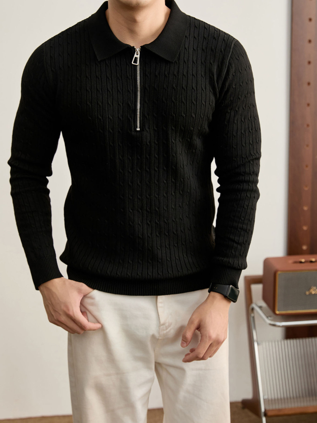 老錢風編織提花紋理長袖毛衣男秋冬修身半拉鍊POLO領針織衫