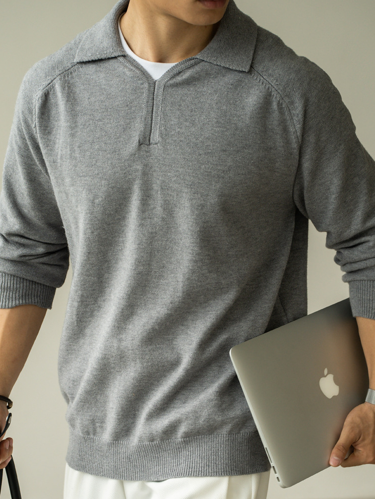 老錢風輕商務7針細膩紋理小V翻領半開襟毛衣男2025秋冬新款POLO衫