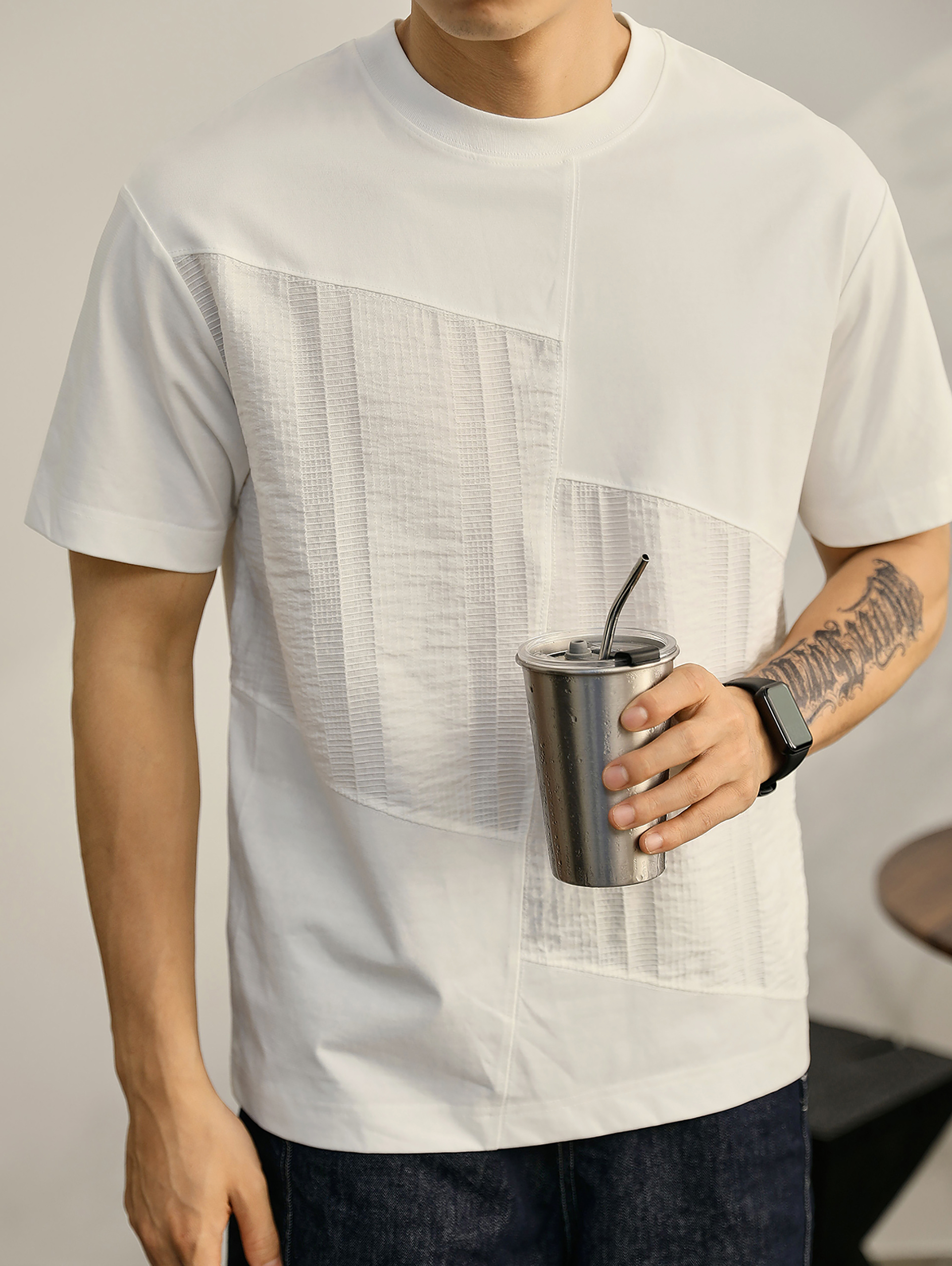 輕奢肌裏感拼接面料設計T恤男士簡約休閒微闊百搭圓領短袖衫