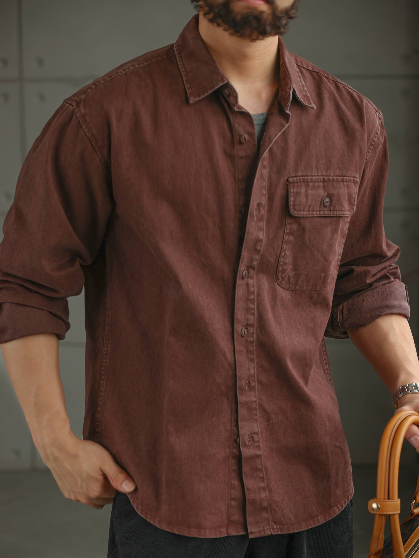 日系復古酵素水洗仿牛仔純棉長袖襯衫男工裝通勤休閒襯衣