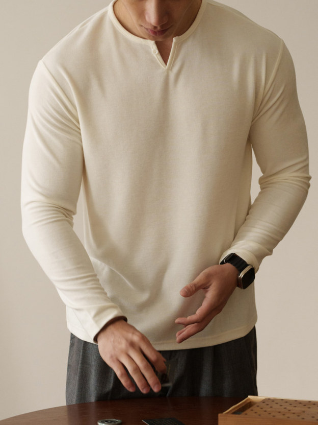 萊賽爾混紡小V領半開襟長袖T恤男士2026春季新款雲感親膚上衣