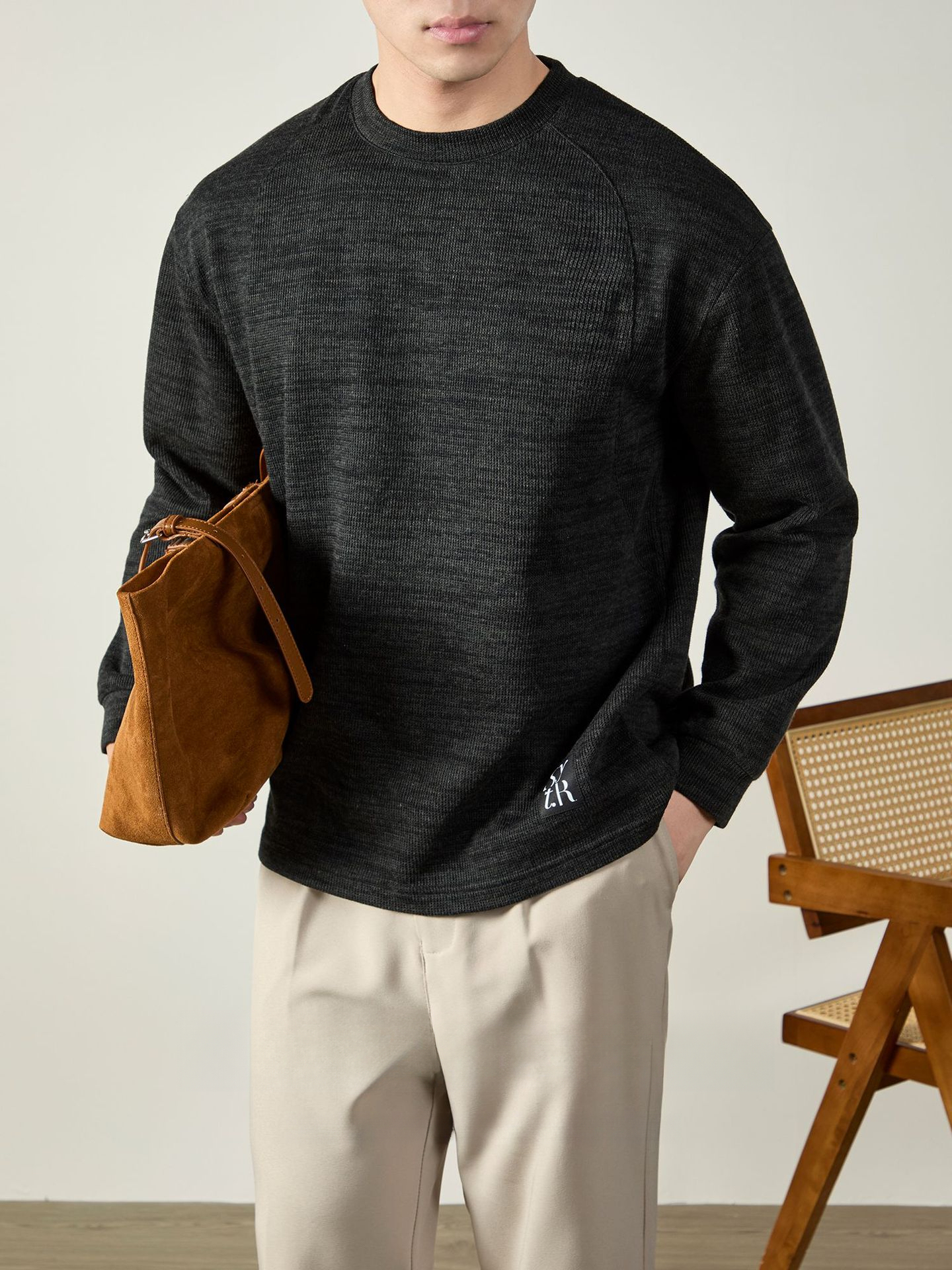 鬆弛感| 350G重磅麻花棉寬鬆長袖T恤男春秋時尚車標落肩衛衣