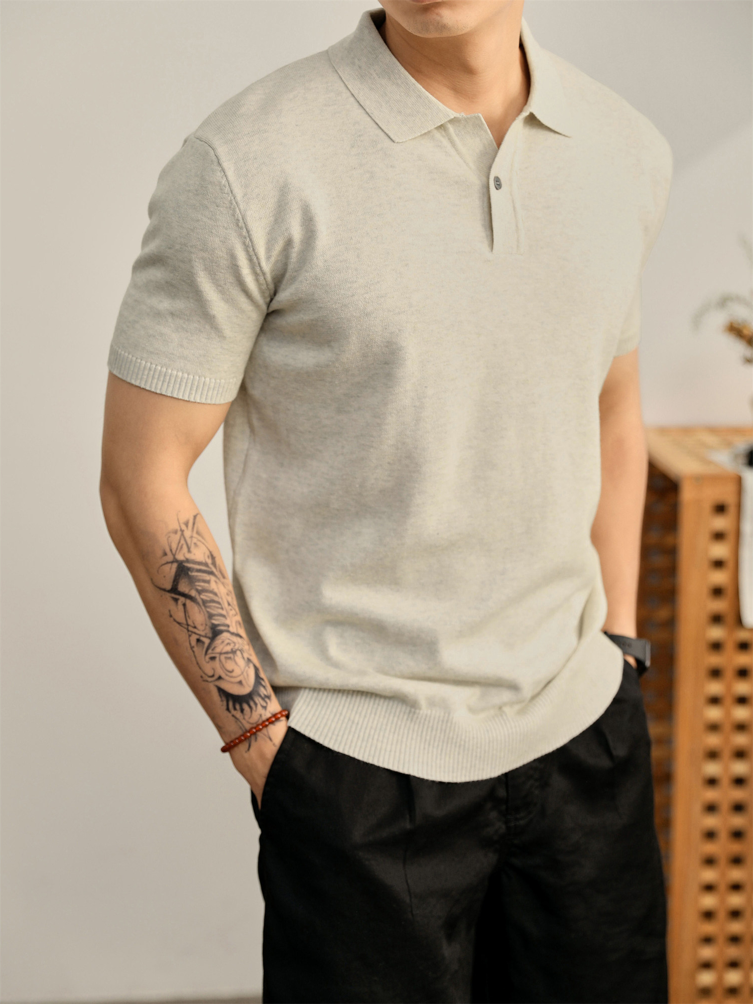 男夏季花天藍單紐扣設計翻領POLO衫輕奢休閒水洗棉針織短袖