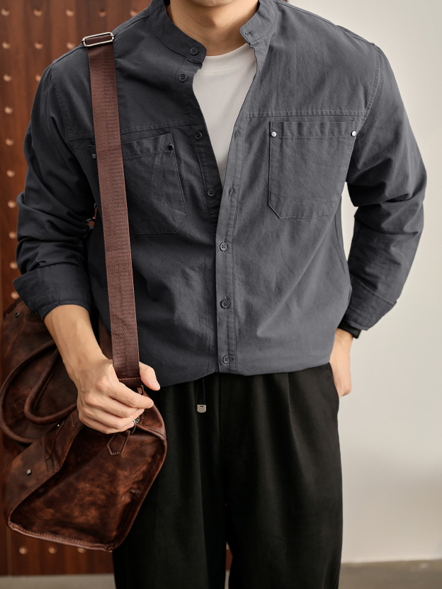 时尚潮奢立领长袖衬衫100%纯棉金属铆钉双口袋衬衣外套男款