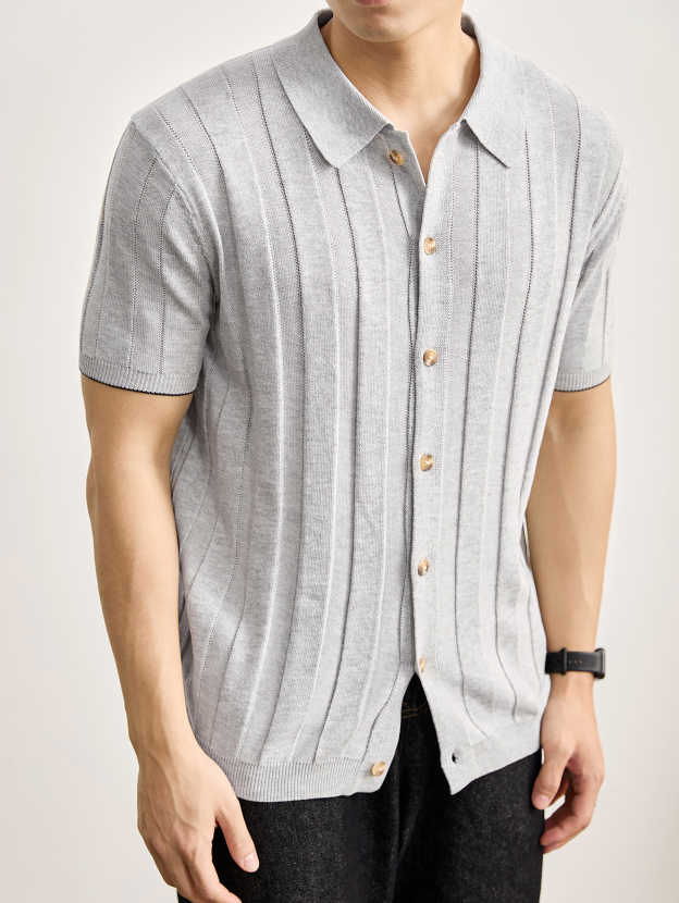 豎坑條鏤空挑孔POLO領針織開衫夏季天絲萊賽爾亞麻短袖襯衣