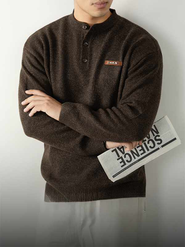 【紳士腔調】老錢風 經典亨利領寬鬆男士針織衫2025秋冬保暖百搭
