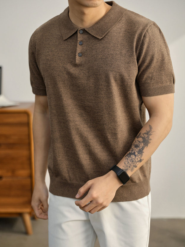 英倫風百搭針織短袖Polo衫透氣休閒羅紋底擺男士翻領保羅衫