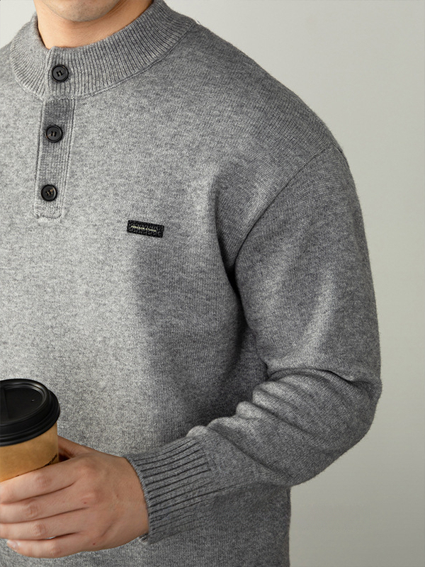 美式硬漢風亨利領皮標創意針織衫男士秋冬保暖慵懶高級落肩Polo衫