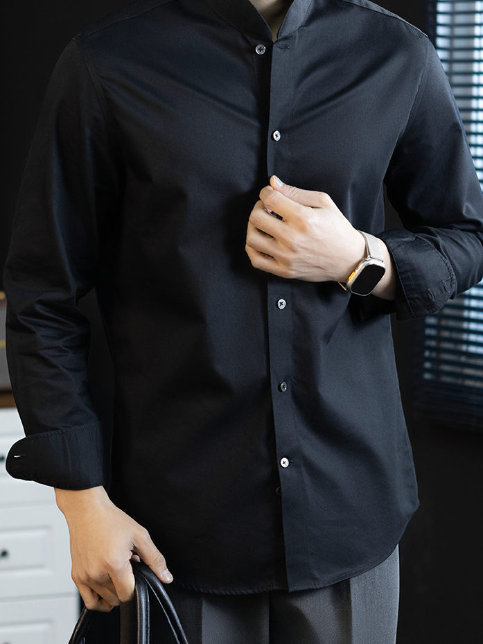 【新中式100%純棉】舒適長袖襯衫男商務休閒範免燙抗皺立領襯衣