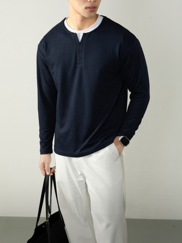 意式老錢風| 加絨加厚保暖內裏亨利領長袖T恤男裝秋冬舒適打底衫