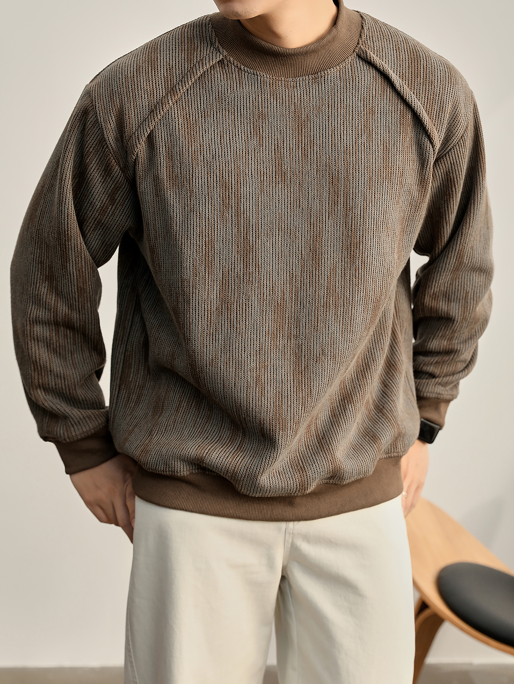 美式復古漸變斑駁感圓領衛衣男珠地蜂窩網重磅420g針織上衣