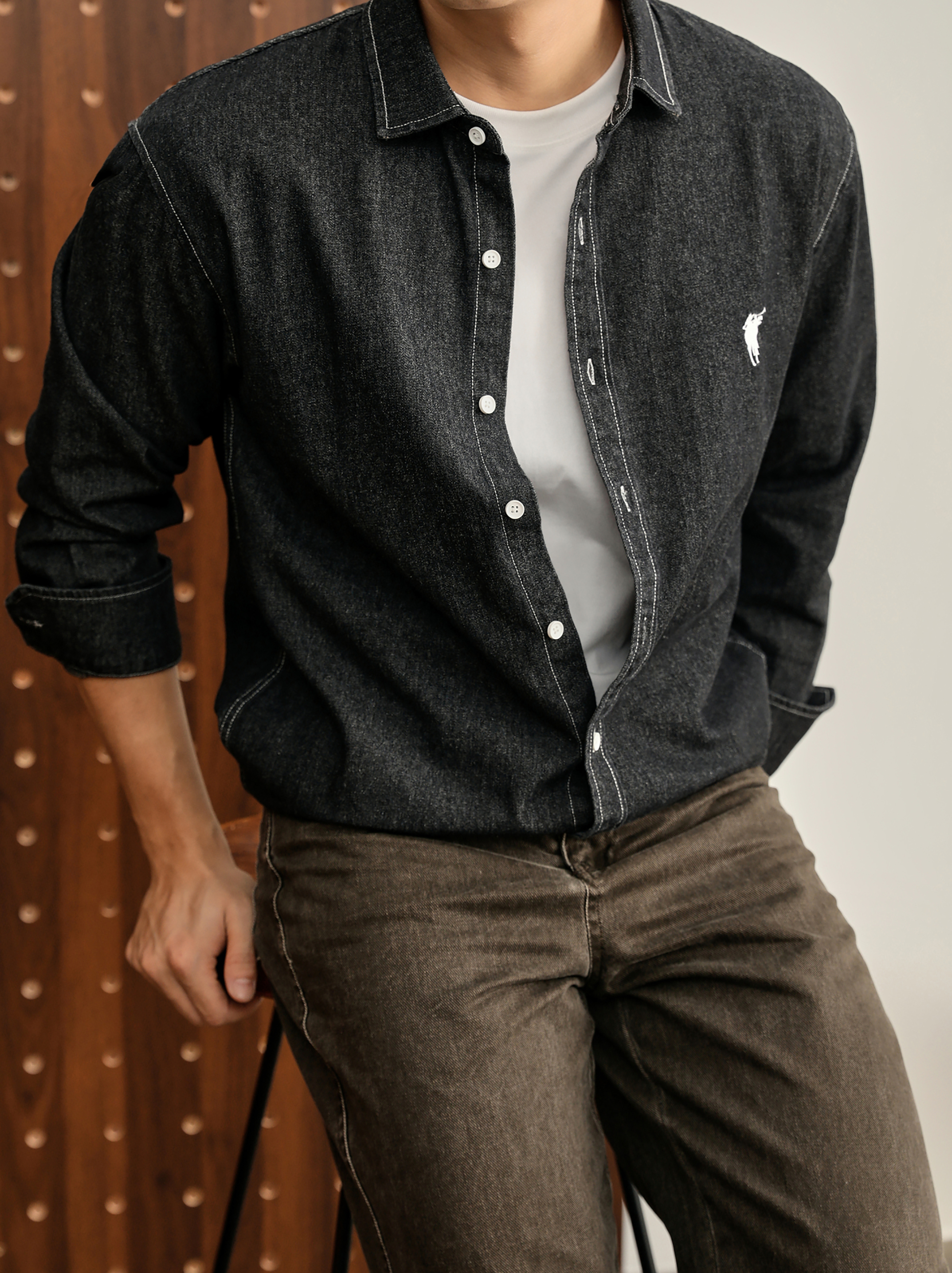 美式潮牌復古水洗做舊騎士刺繡100%純棉牛仔休閒長袖襯衫男