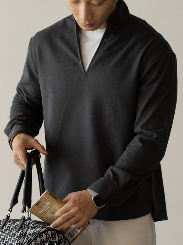 美式復古鬆弛感落肩袖立領T恤男士2025秋冬寬鬆保暖加厚休閒衛衣