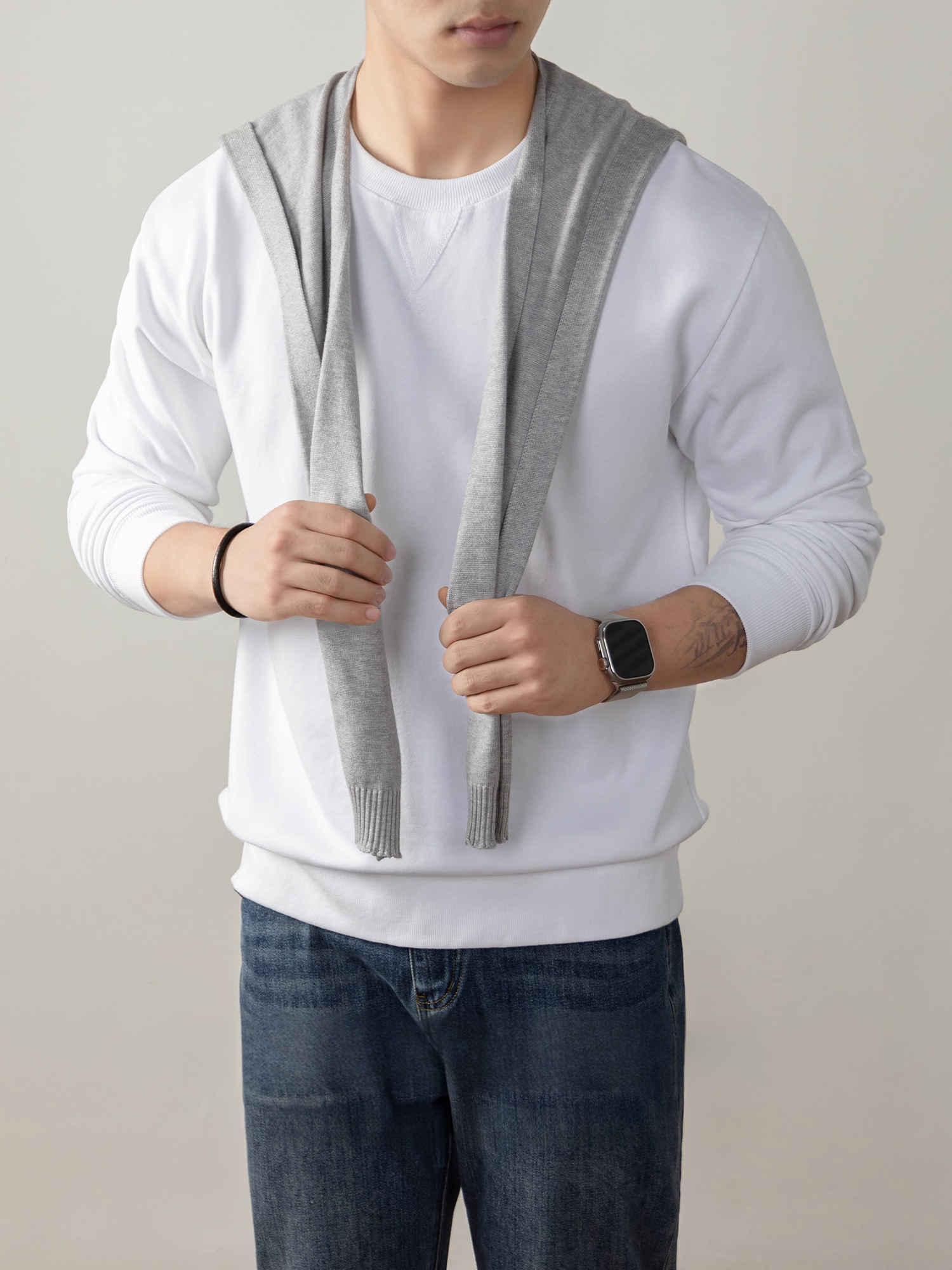 340g重磅純棉衛衣男2025秋冬新款寬鬆厚實長袖t恤純色日系打底衫