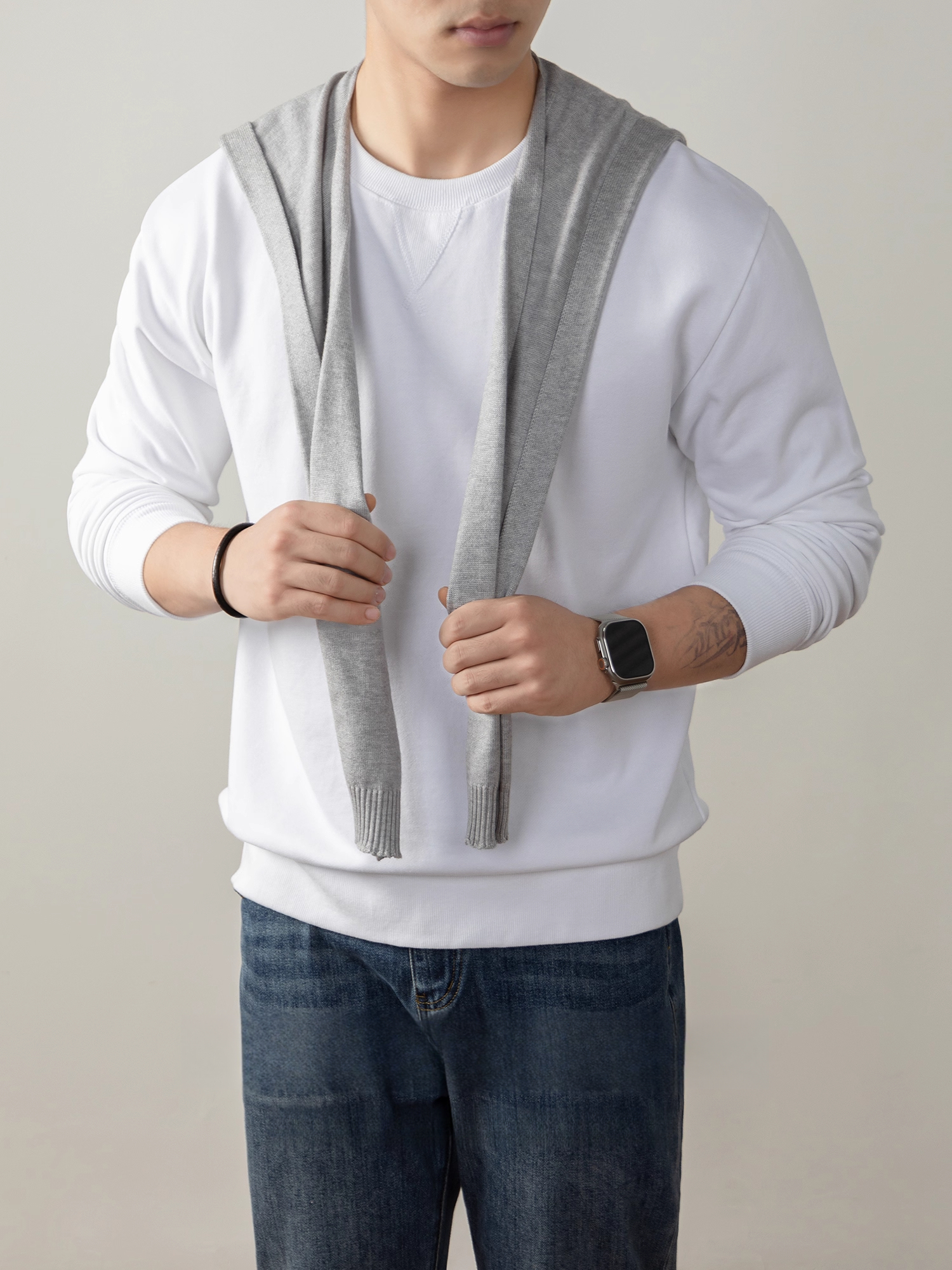 340g重磅純棉衛衣男2025秋冬新款寬鬆厚實長袖t恤純色日系打底衫