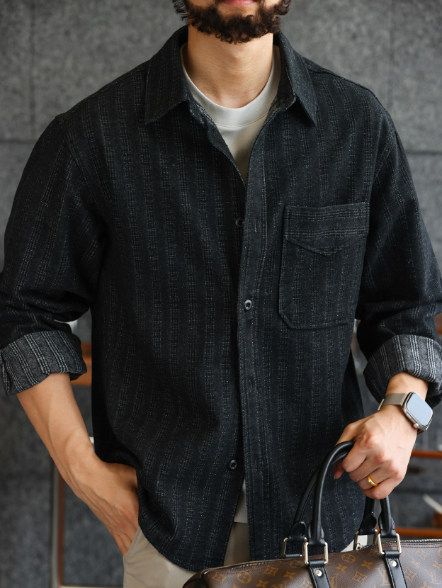 【绅士型格】质感磨毛暗条纹提花仿牛仔衬衫男士硬朗衬衣