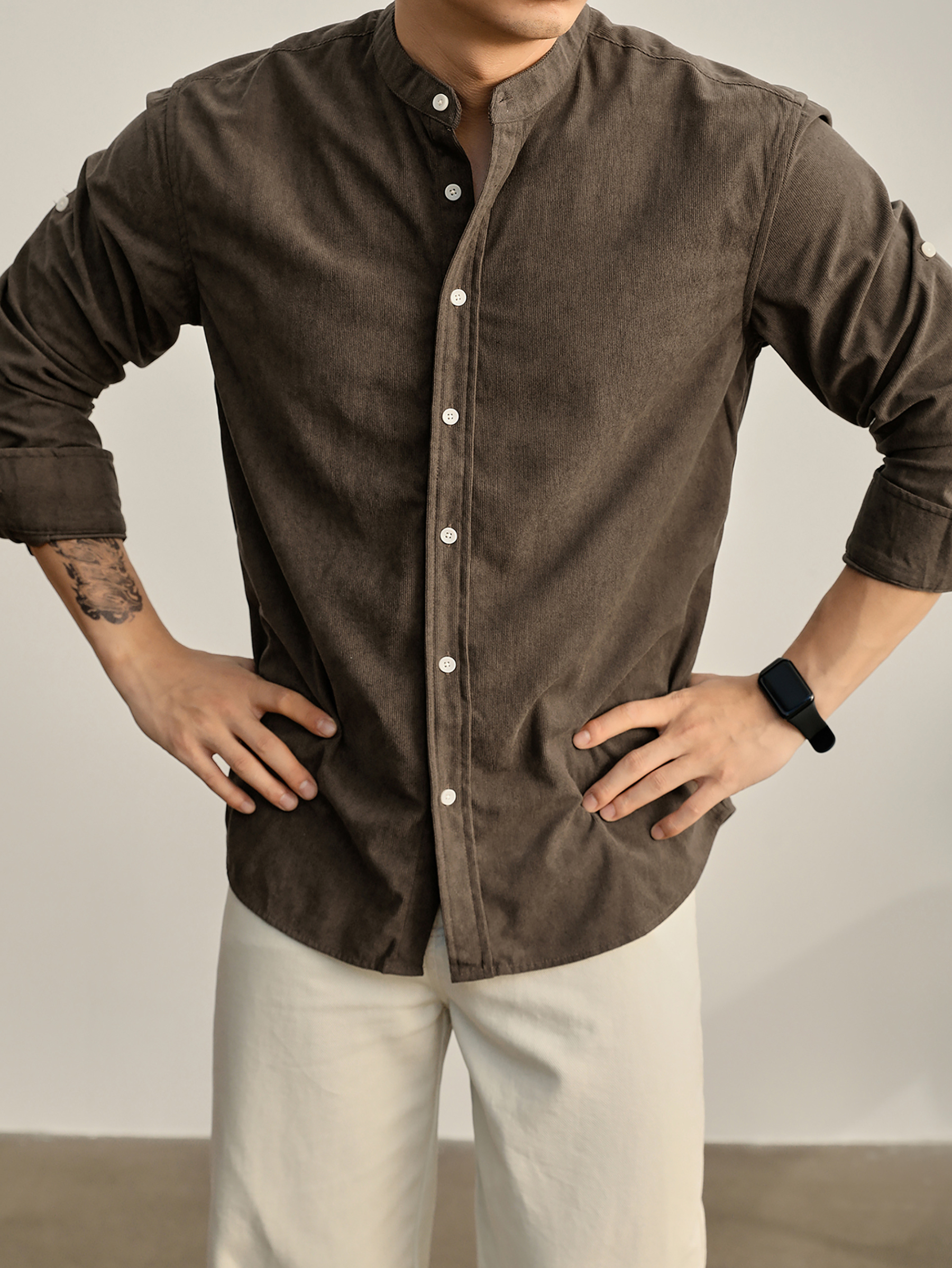 老錢風質感燈芯絨新中式立領休閒襯衫男潮流捲袖單穿小襯衣